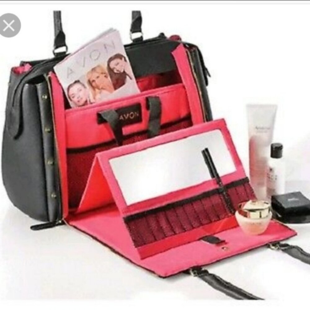 NEW Avon Large Studded Makeup Purse Black Faux Leather Tote Bag Shoulder & Mini